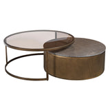 Round nesting tables with gold frame and marble top detailing.