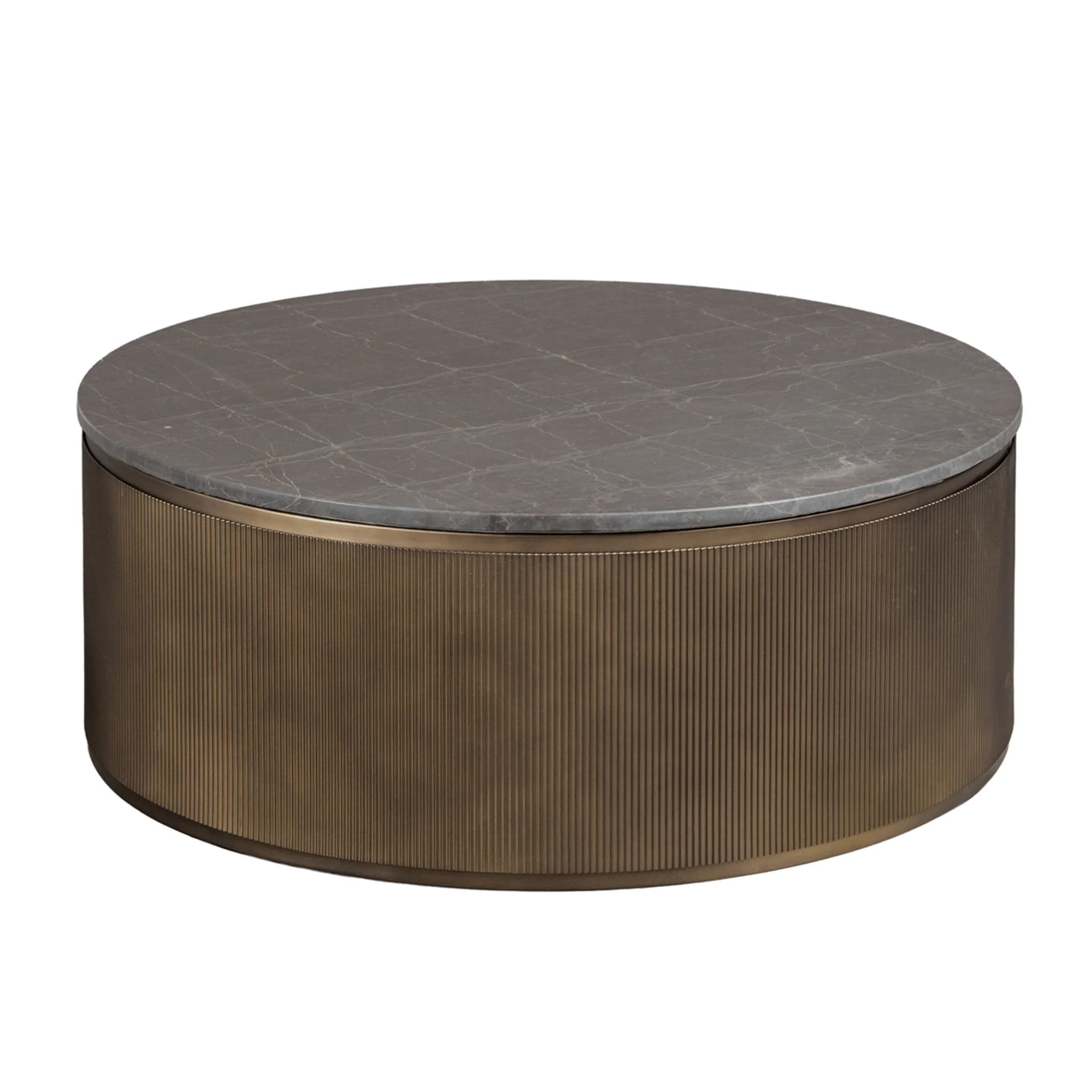 Round coffee table with a dark marble top and ribbed gold base.