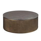 Round coffee table with a dark marble top and ribbed gold base.