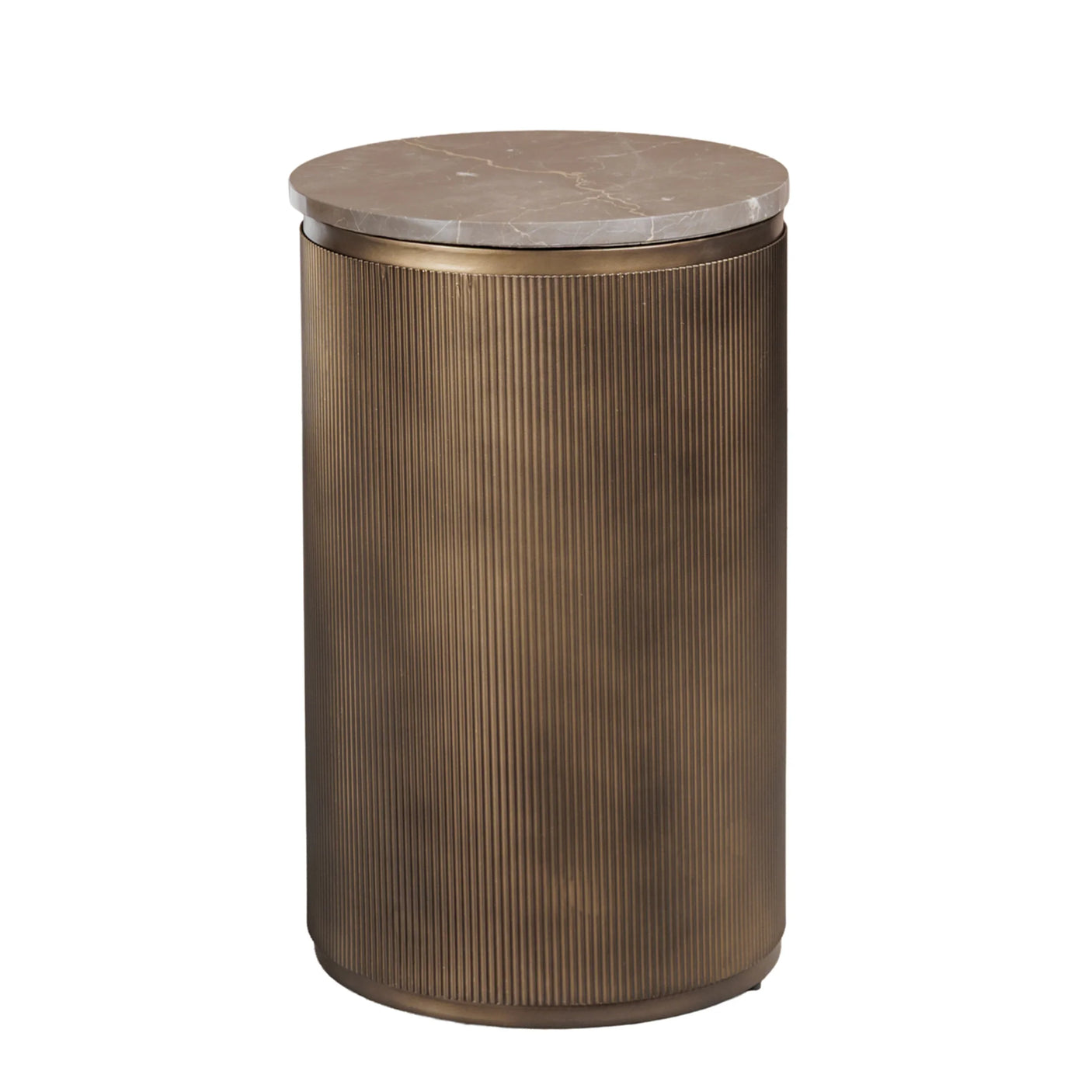 Bronze cylindrical side table with ribbed texture and marble top.