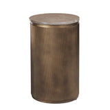 Bronze cylindrical side table with ribbed texture and marble top.