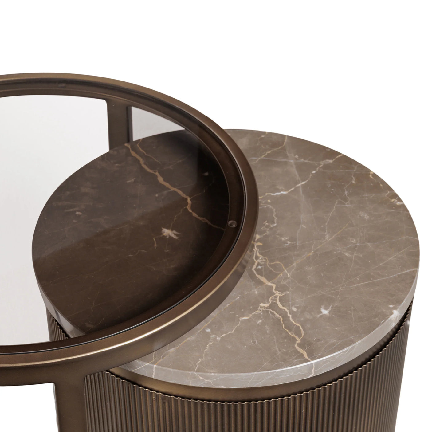 Brown marble tabletop with gold veining on nesting side tables.