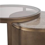Gold nesting tables with glass top and marble texture detail.