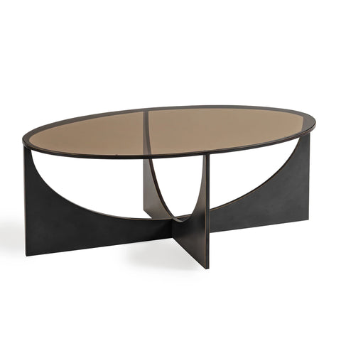 Oval glass coffee table with black sculpted base.