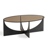 Oval glass coffee table with black sculpted base.