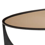 Bronze glass top with black metal edge of a sculpted coffee table.