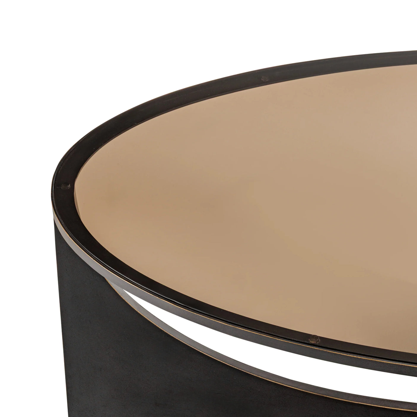 Black metal coffee table edge with smooth beige surface.