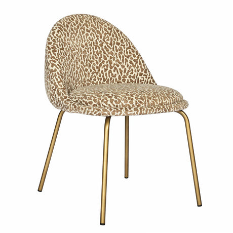 Brown patterned upholstered chair with gold metal legs.