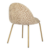 Brown patterned chair with gold legs, rear view.