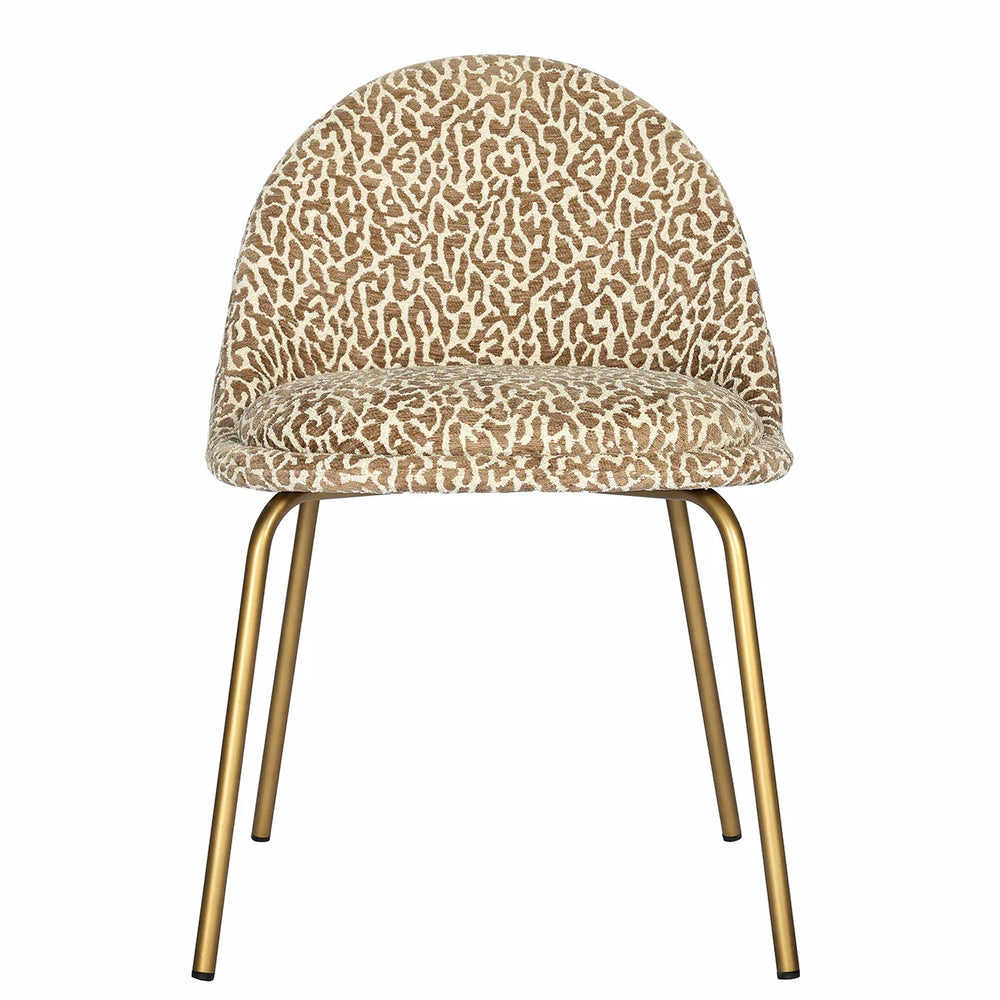 Brown and white patterned chair with gold legs, front view.