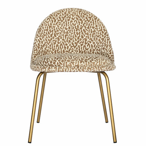 Brown and white patterned chair with gold legs, front view.
