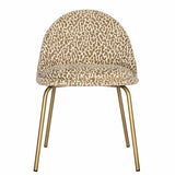 Brown and white patterned chair with gold legs, front view.