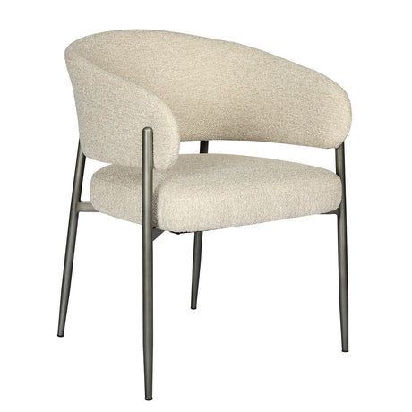 Beige boucle dining chair with curved back and metal legs.