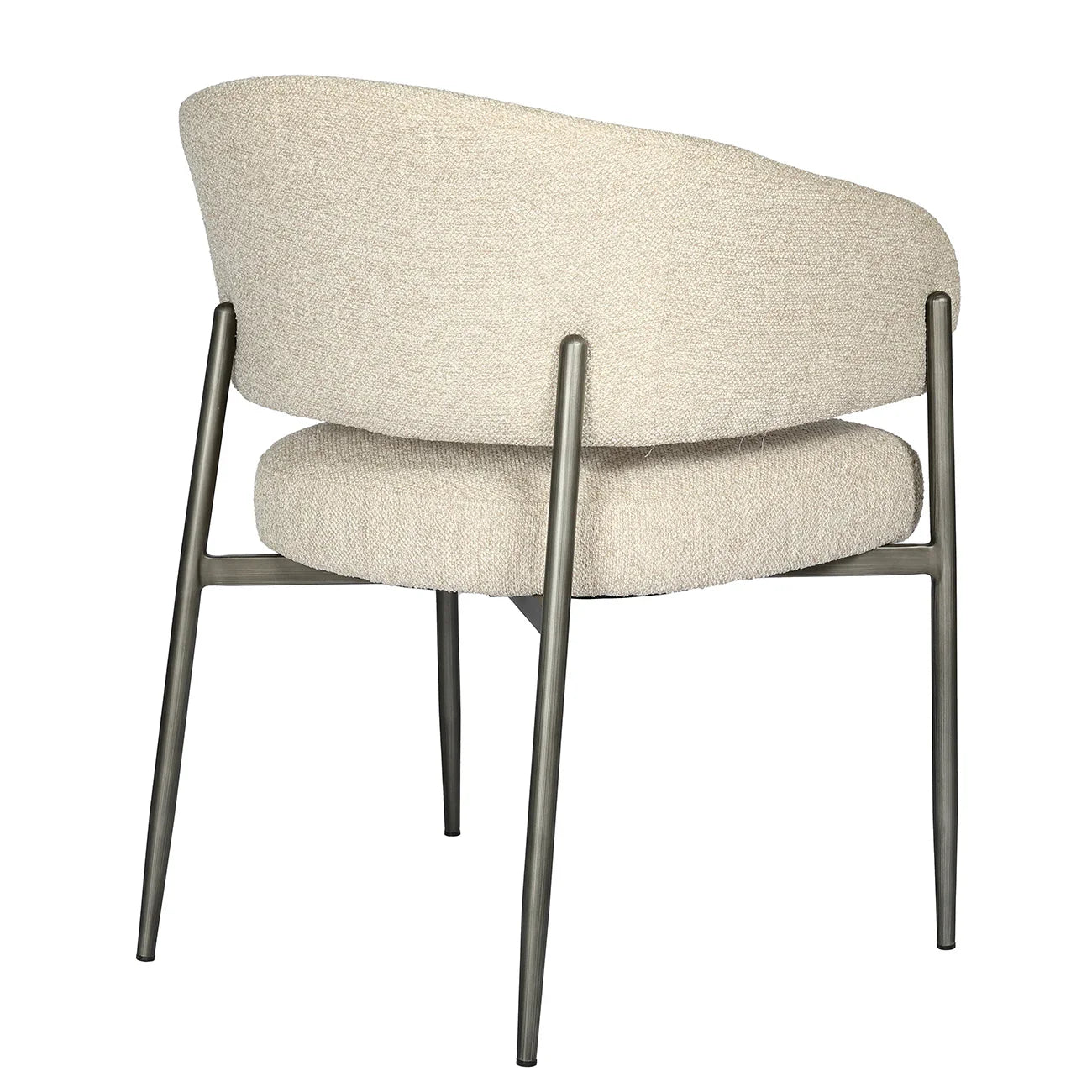 Beige boucle chair with curved back and sleek metal legs.