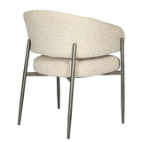 Beige boucle chair with curved back and sleek metal legs.