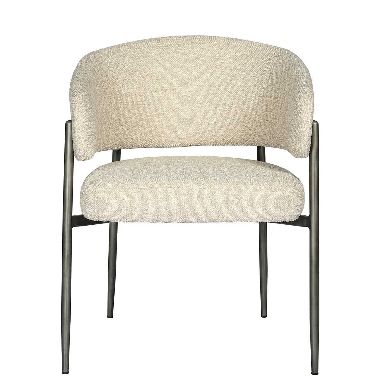Cream boucle dining chair with curved backrest and metal legs.