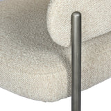 Beige boucle fabric with sleek metal chair leg detail.