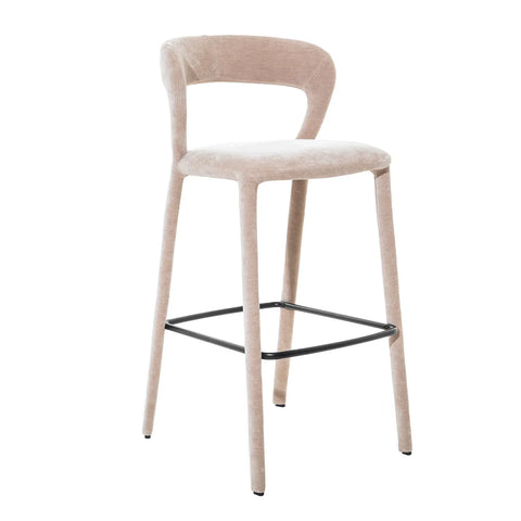 Taupe upholstered bar stool with curved back and black footrest.