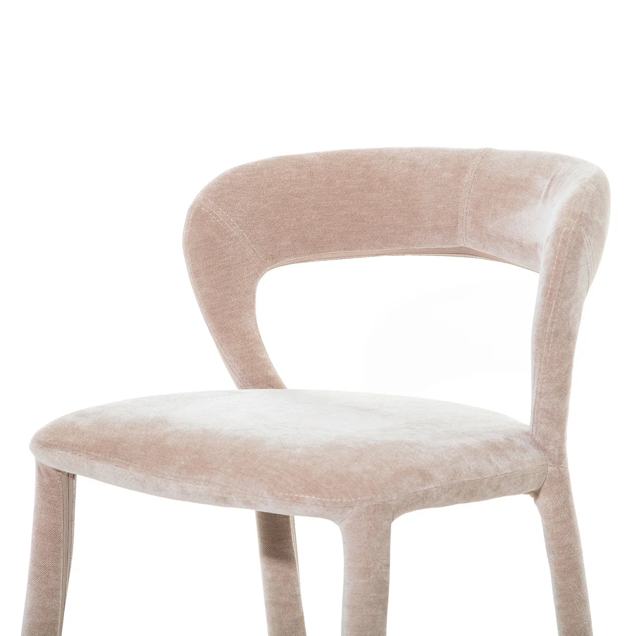 Taupe upholstered bar stool with curved backrest and plush seat.