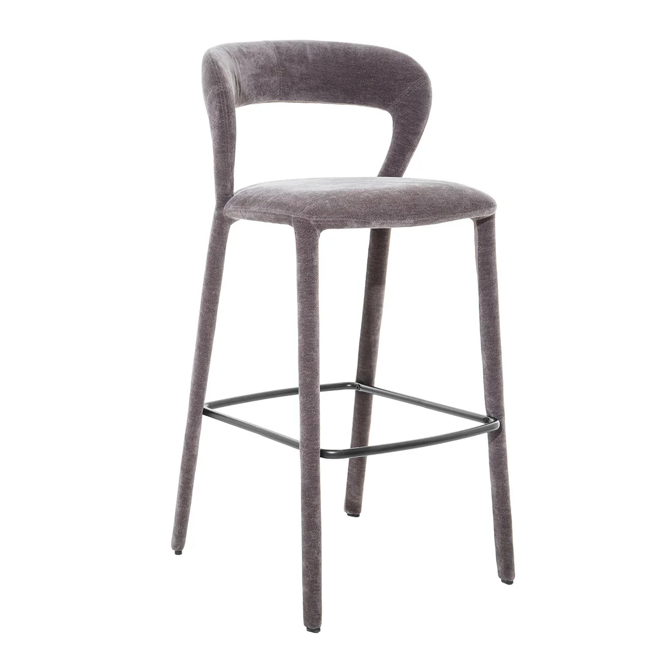 Grey upholstered bar stool with curved back and sleek metal footrest.
