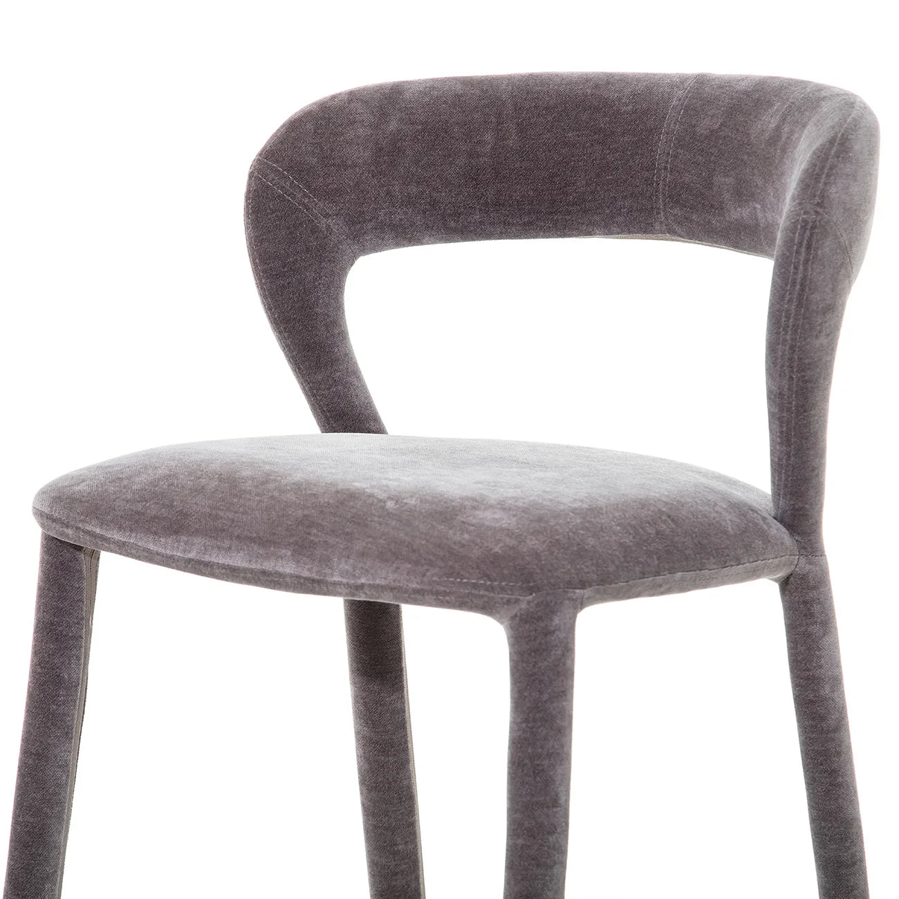 Grey upholstered bar stool with curved backrest and soft texture.