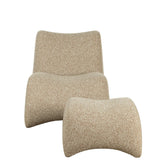 Beige textured chair and stool set with curved design.