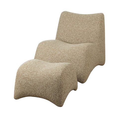 Curved beige chair and matching stool with textured upholstery.