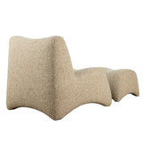 Beige textured chair and stool with curved design.