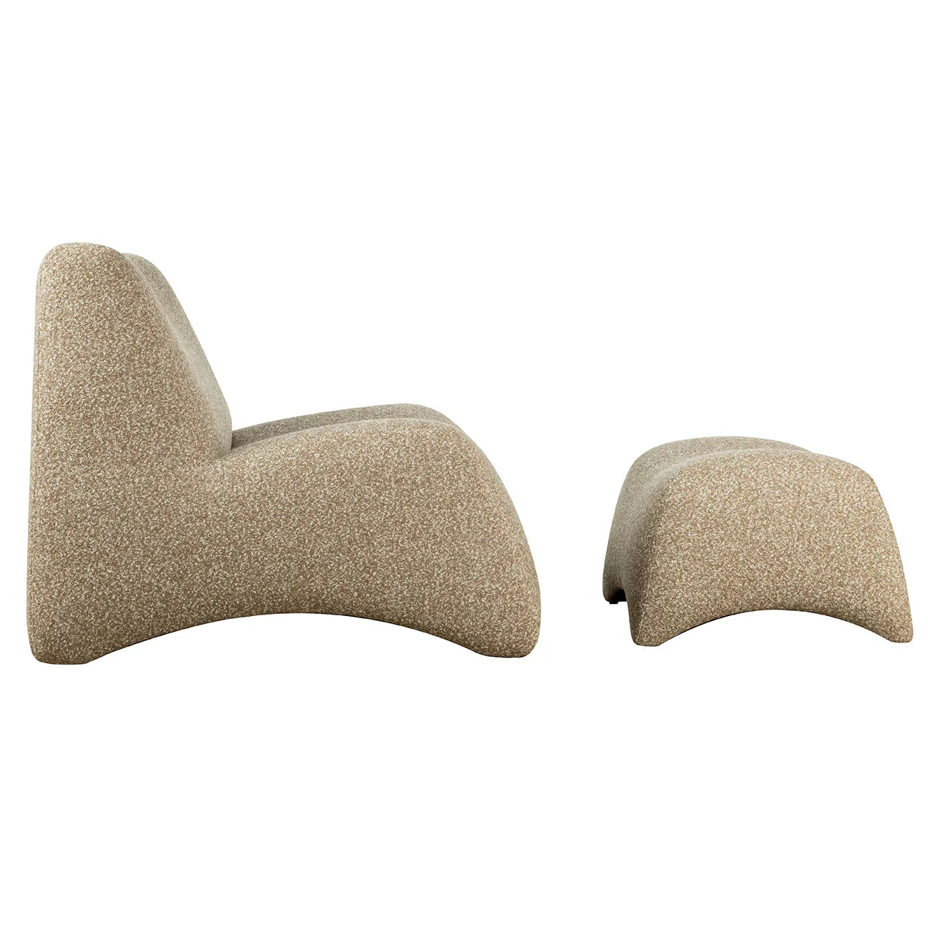 Beige upholstered chair and stool set with curved design.
