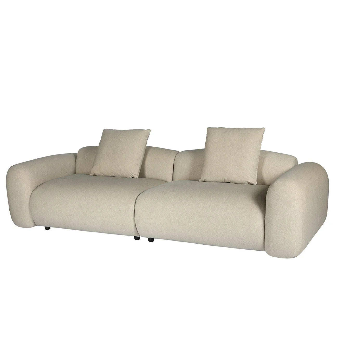 Warm stone velvet sofa with plush cushions and rounded armrests.