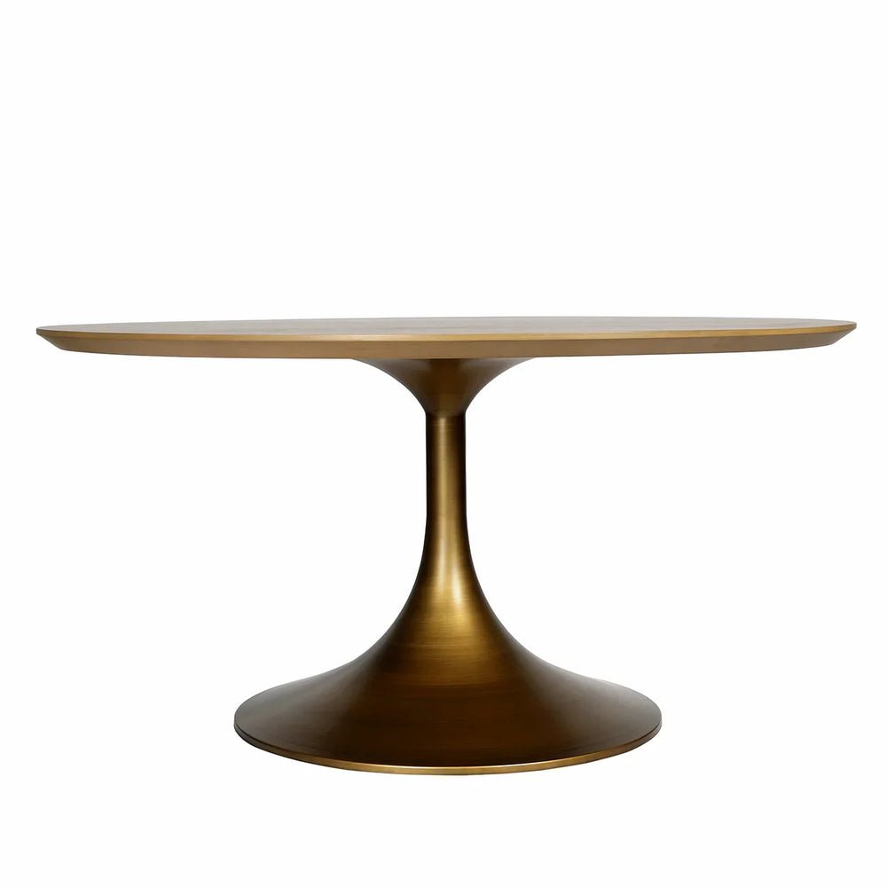 Golden round dining table with sleek pedestal base.