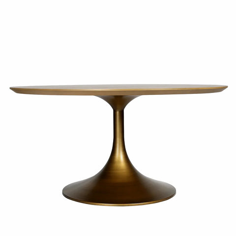 Golden round dining table with sleek pedestal base.