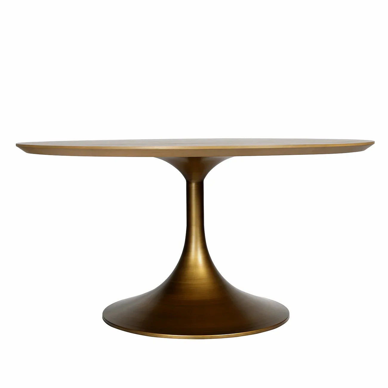 Golden round dining table with sleek pedestal base.
