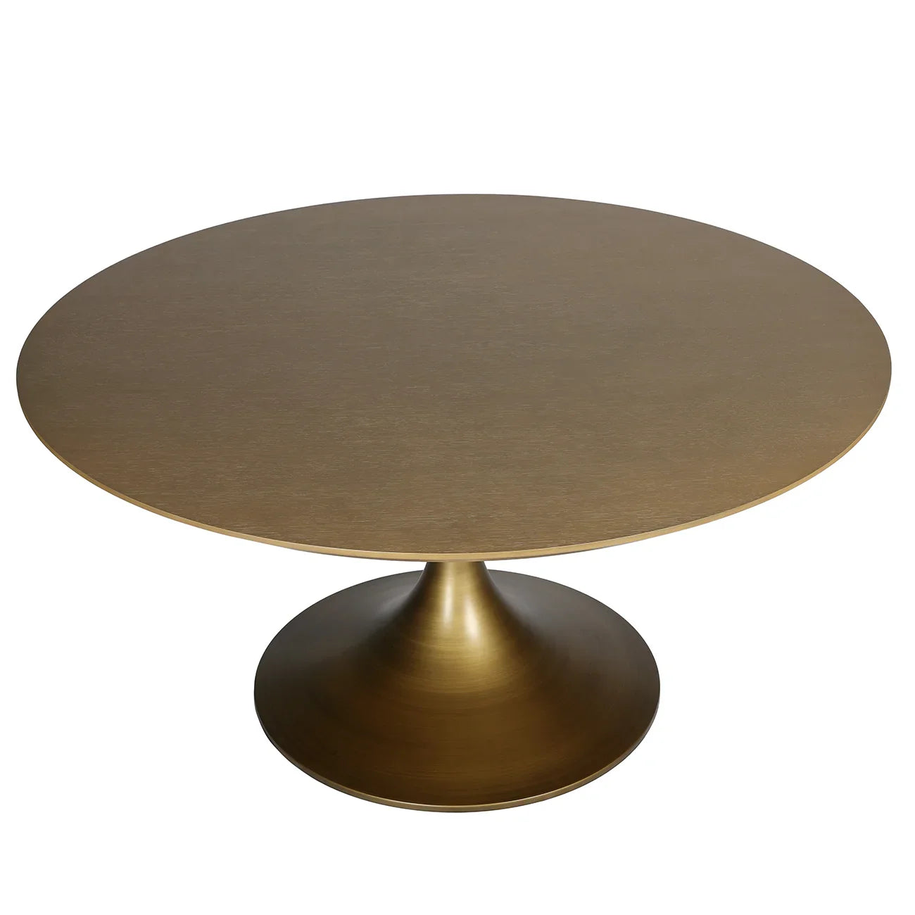 Bronze round table with a sleek pedestal base.