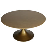 Bronze round table with a sleek pedestal base.
