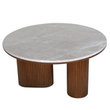 Gray marble round table with ribbed wooden legs.