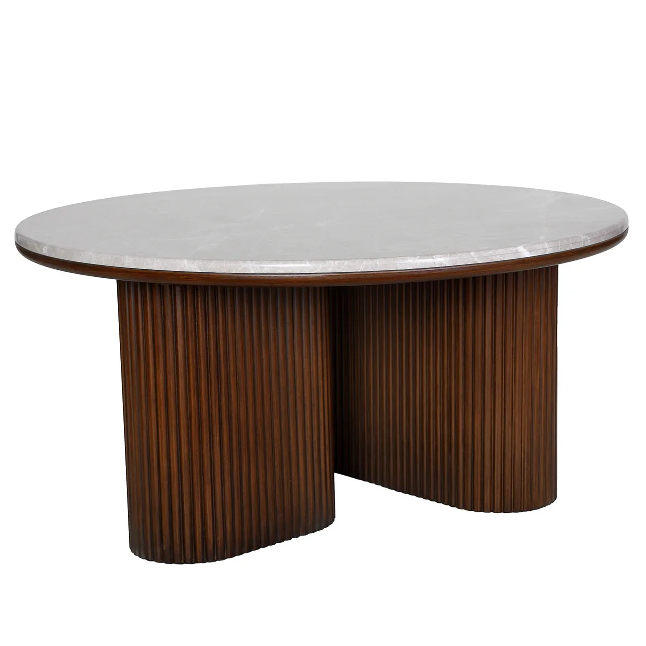 Round coffee table with a white marble top and ribbed wooden base.