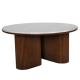 Round coffee table with a white marble top and ribbed wooden base.