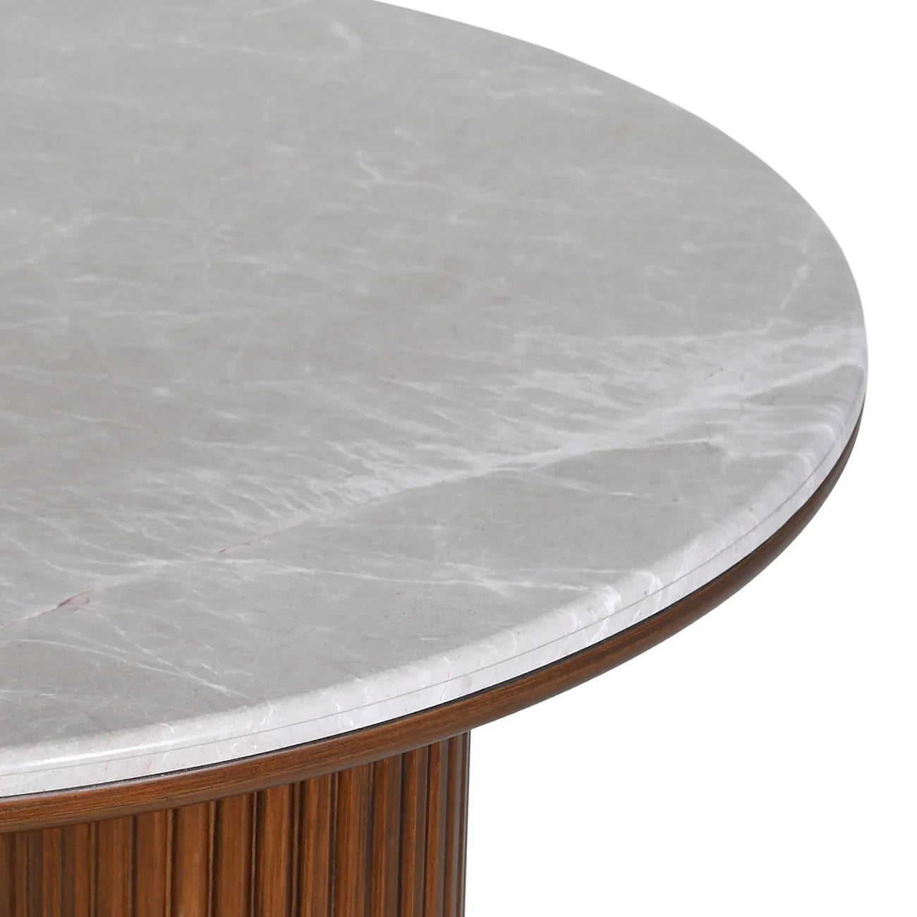 Grey marble tabletop with wooden edge detail.