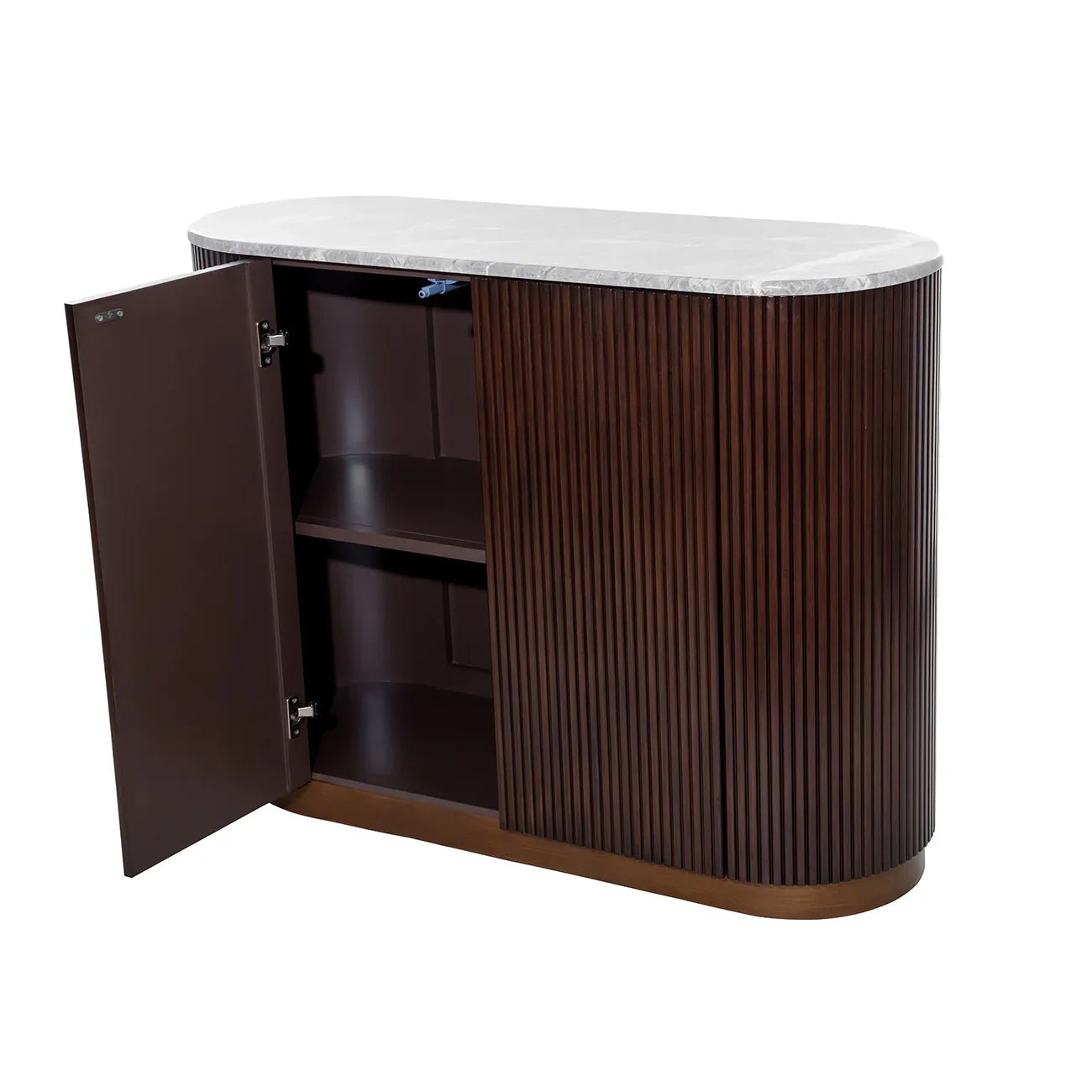 Dark wood cabinet with open door and marble top surface.