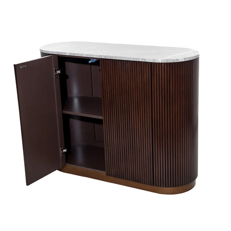 Dark wood cabinet with open door and marble top surface.