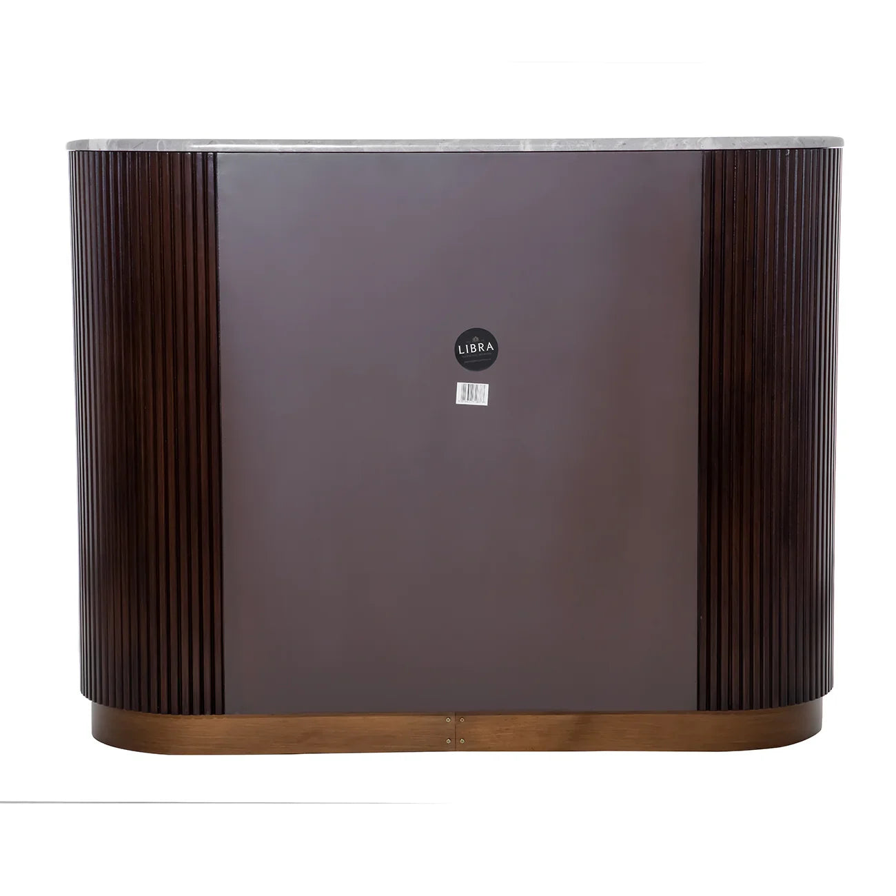 Dark wood cabinet with ribbed sides and a smooth top surface.
