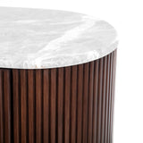 Dark wood cabinet with ribbed texture and white marble top.