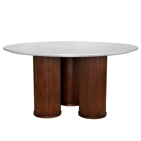 White round table with ribbed wooden pedestal base.