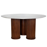 White round table with ribbed wooden pedestal base.