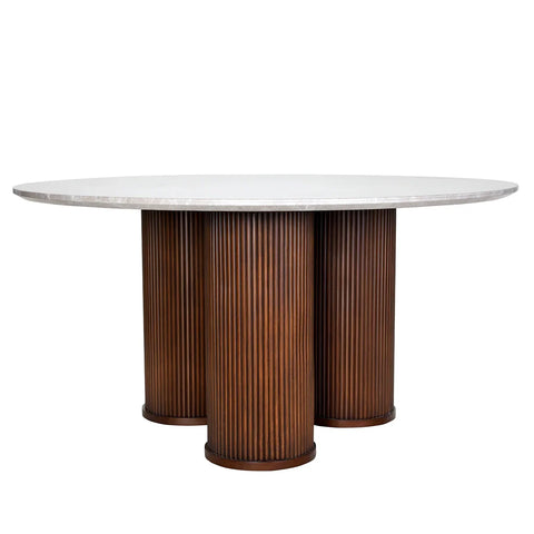 White round table with ribbed wooden pedestal base.