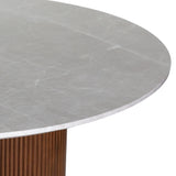 Gray marble table surface with wood base detail.