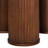 Dark wood table base with vertical ribbed texture.