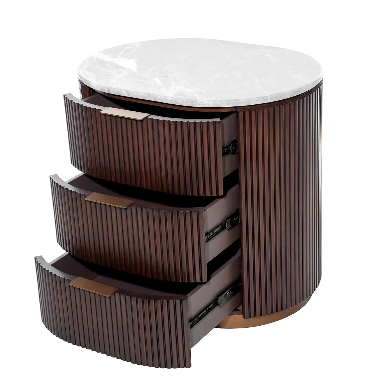 Dark wood bedside chest with three open drawers and a marble top.