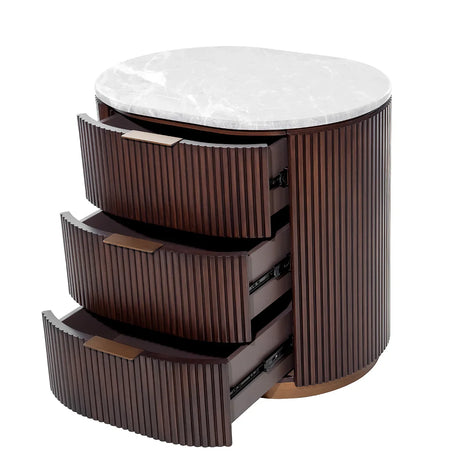Dark wood bedside chest with three open drawers and a marble top.